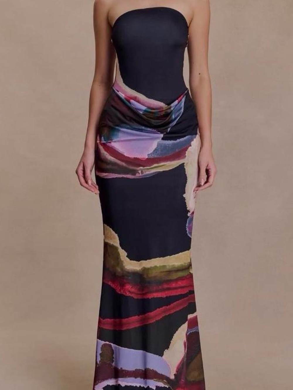 Meshki Black Strapless Maxi Dress with Multicolor Abstract Print